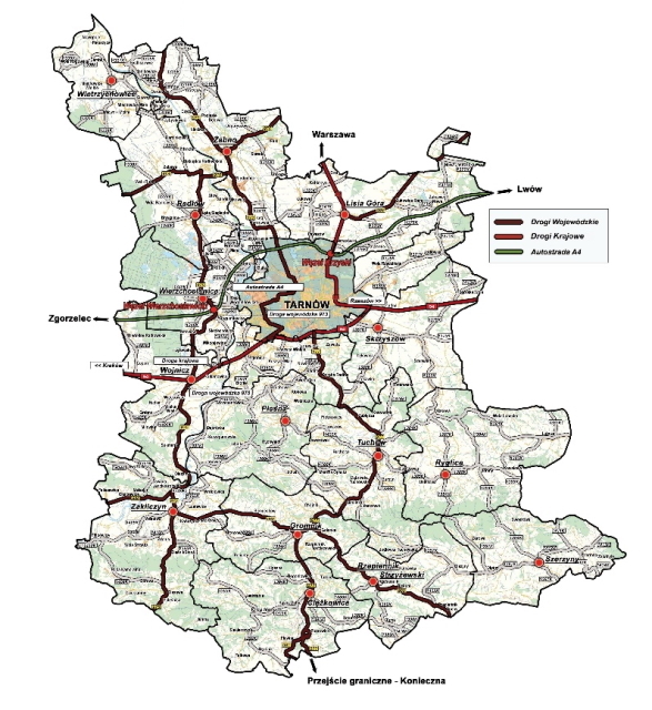 Mapa z siecią drogową Powiatu Tarnowskiego