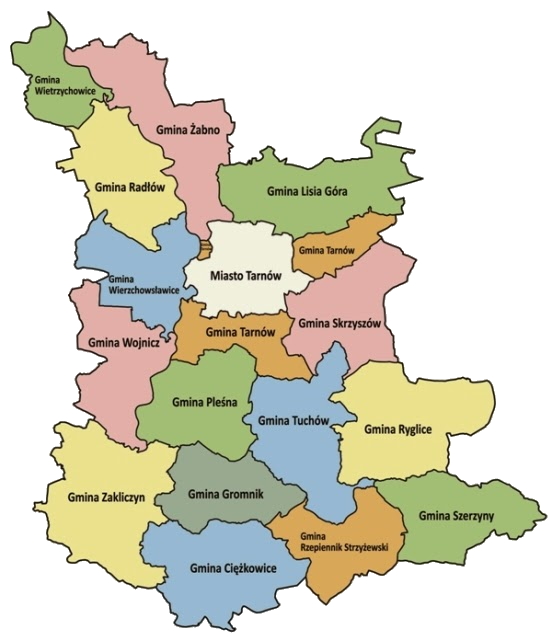 Mapa Powiatu Tarnowskiego z zaznaczonymi gminami